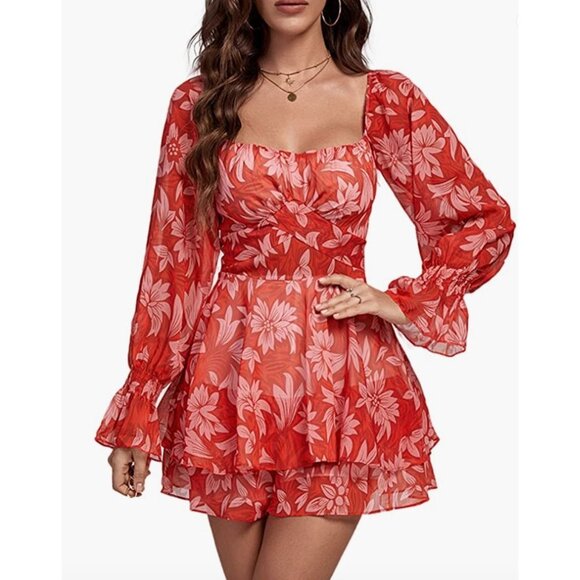 Red Floral Printed Chiffon Ruffle Long Sleeve Romper Short Playsuit Jumpsuit - Picture 2 of 7